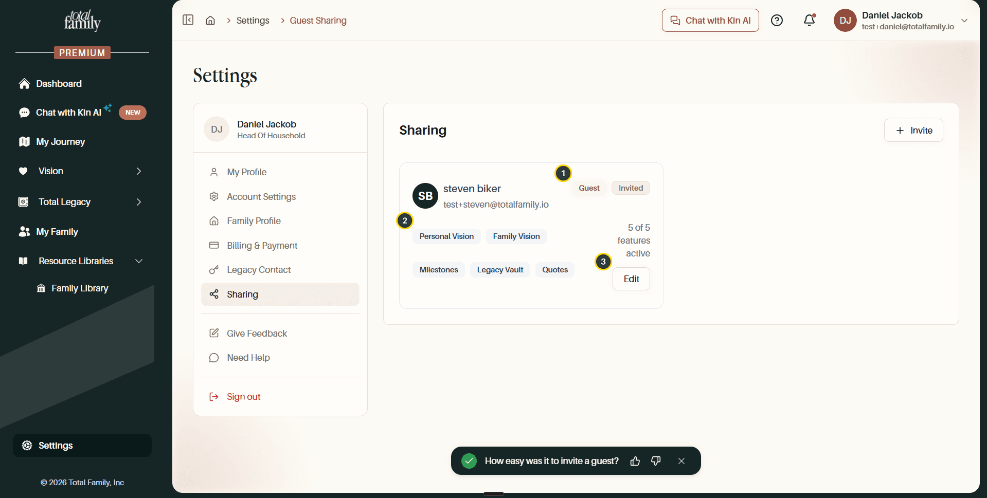 The Sharing page listing an invited guest, with the card details numbered