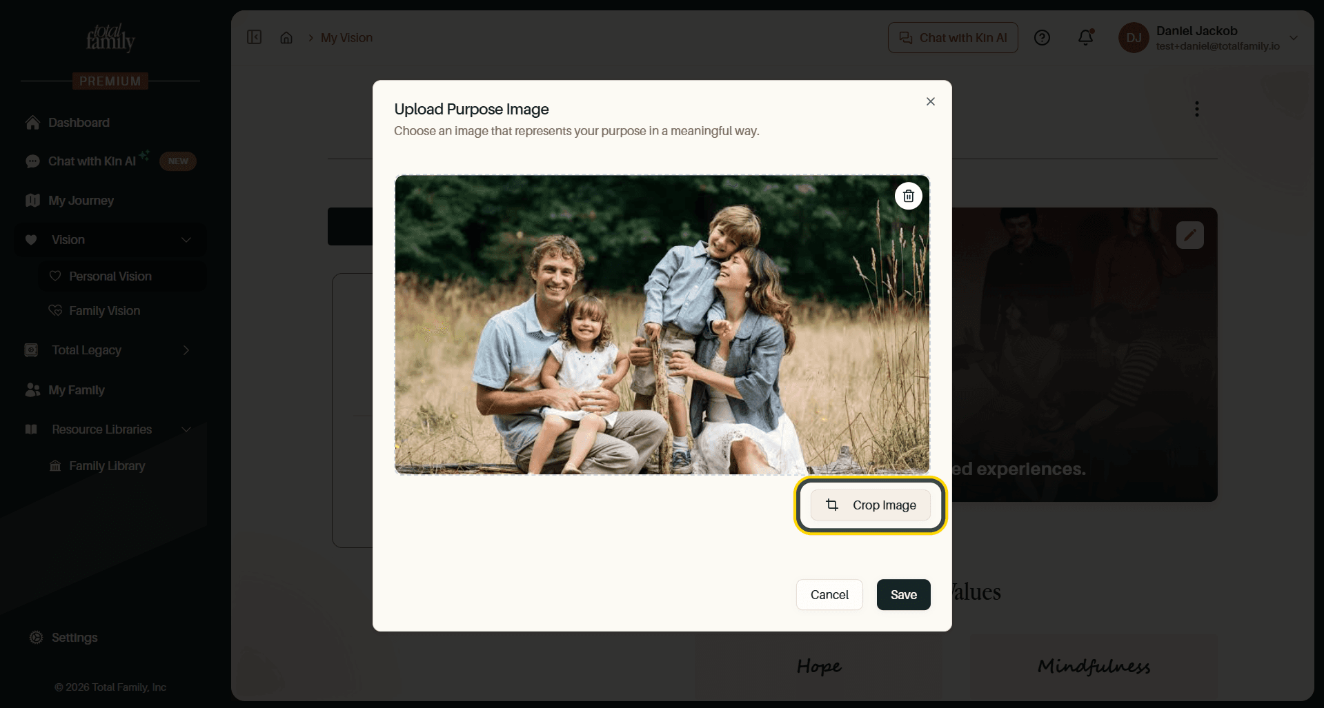 The dialog with a photograph loaded, and the Crop Image button highlighted