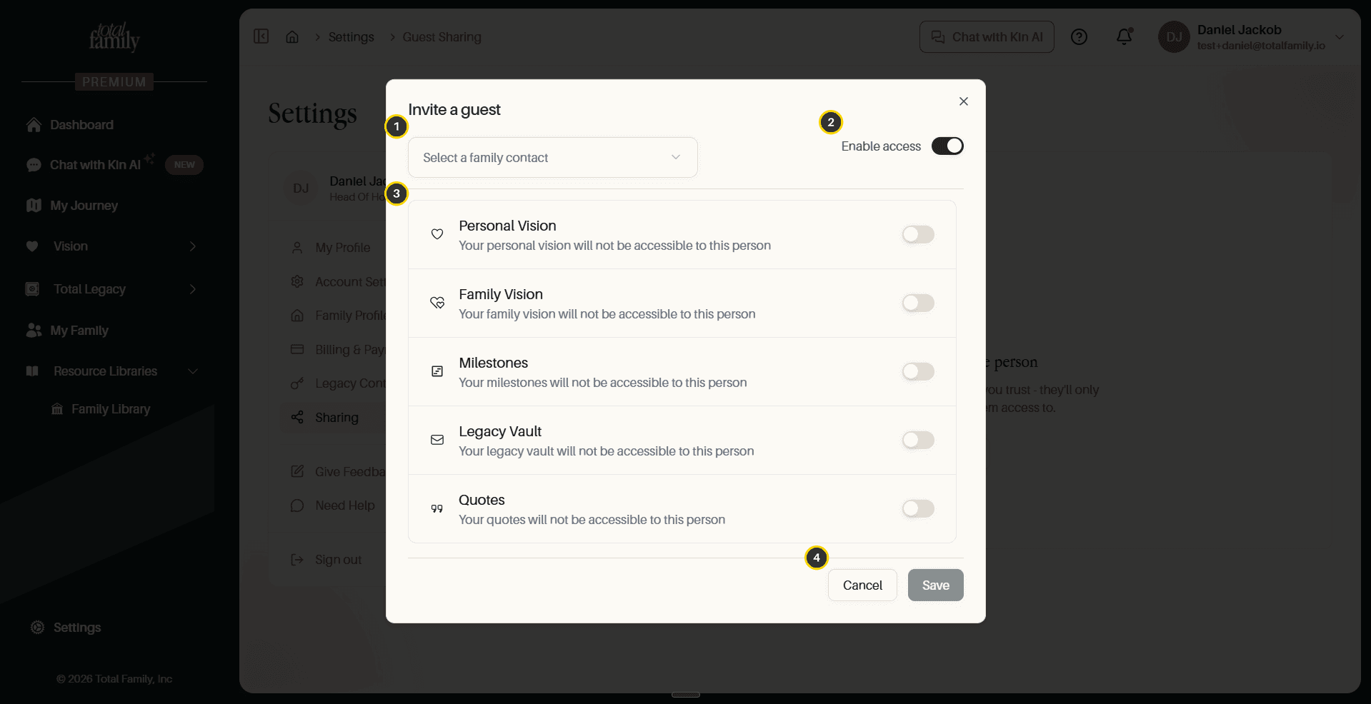 The Invite a guest dialog, with its four controls numbered