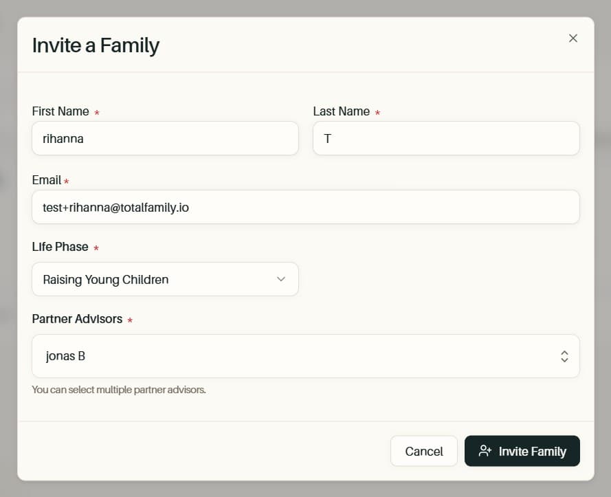 The Invite a Family form
