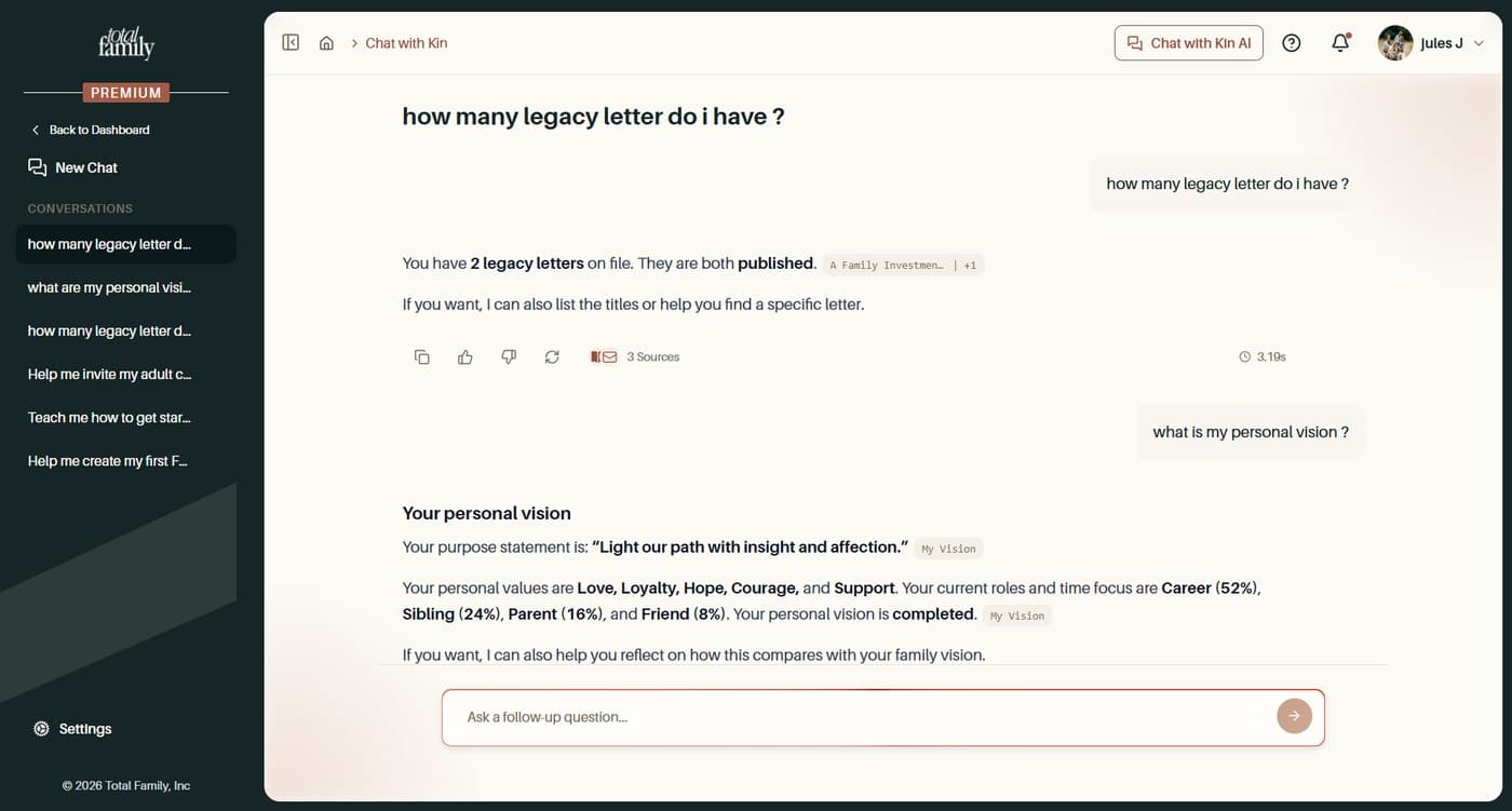 Kin answering a question about Legacy Letters, citing its sources