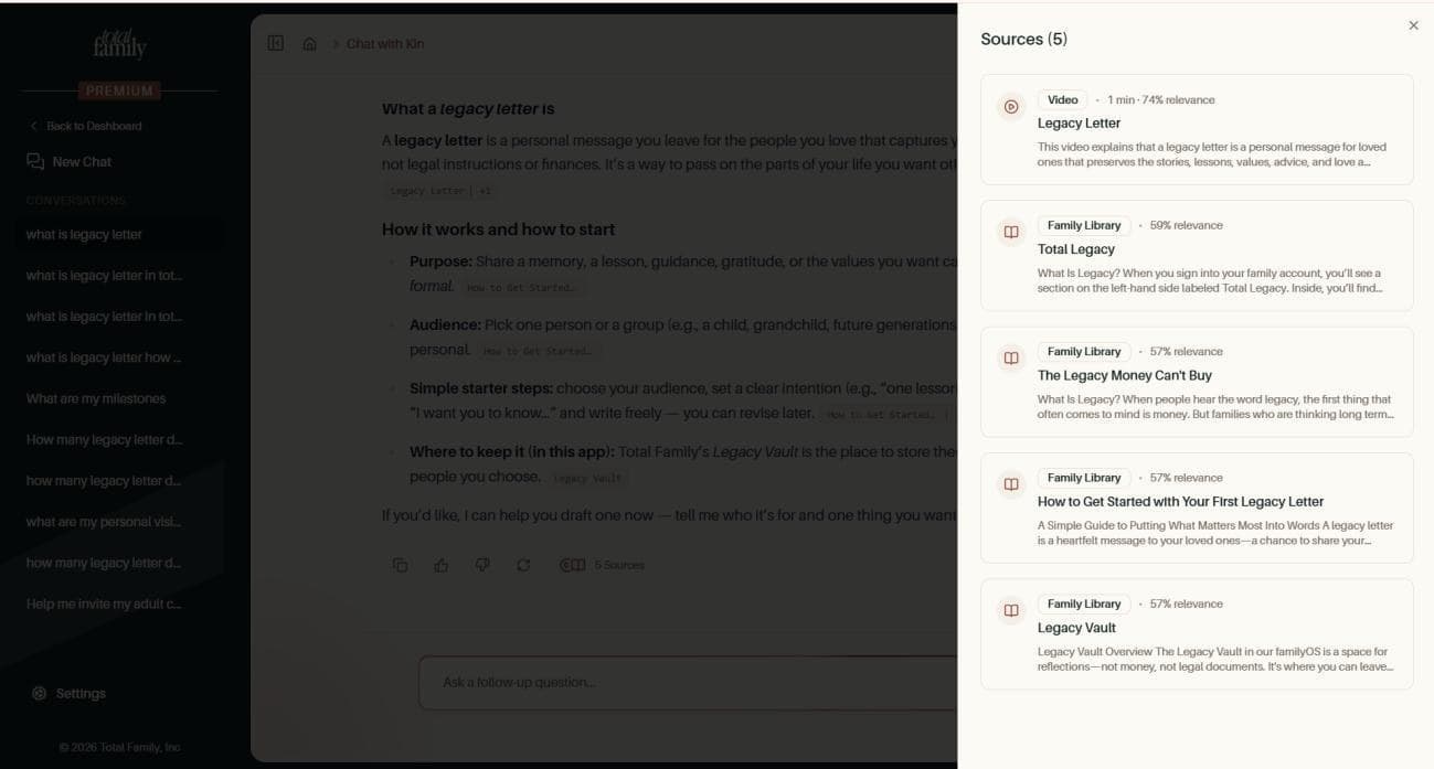 The Sources panel, each entry naming its library and its relevance
