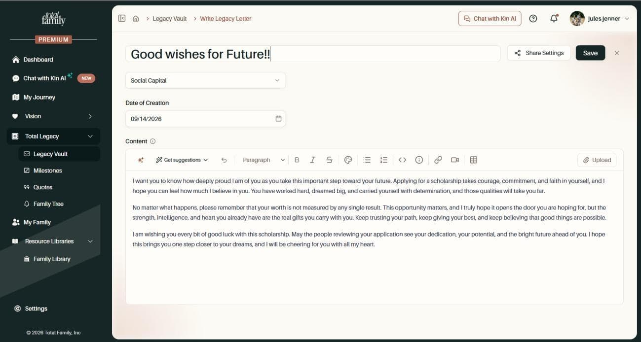 The Legacy Letter editor with Upload at the right-hand end of the toolbar