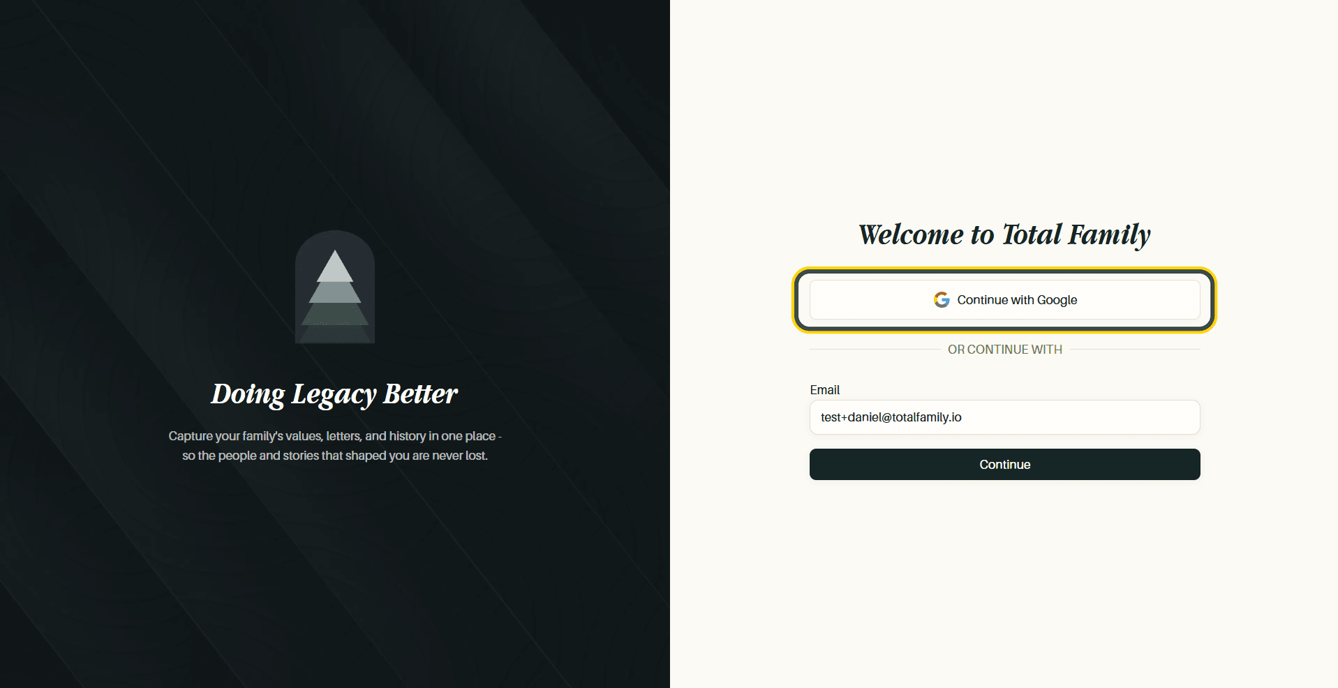 Total Family Login Screen