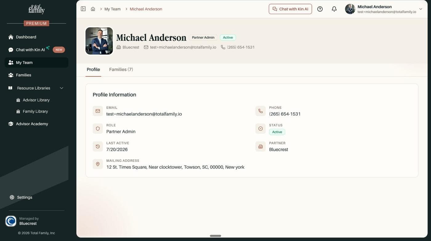 A member profile showing role, status, last active, and partner firm