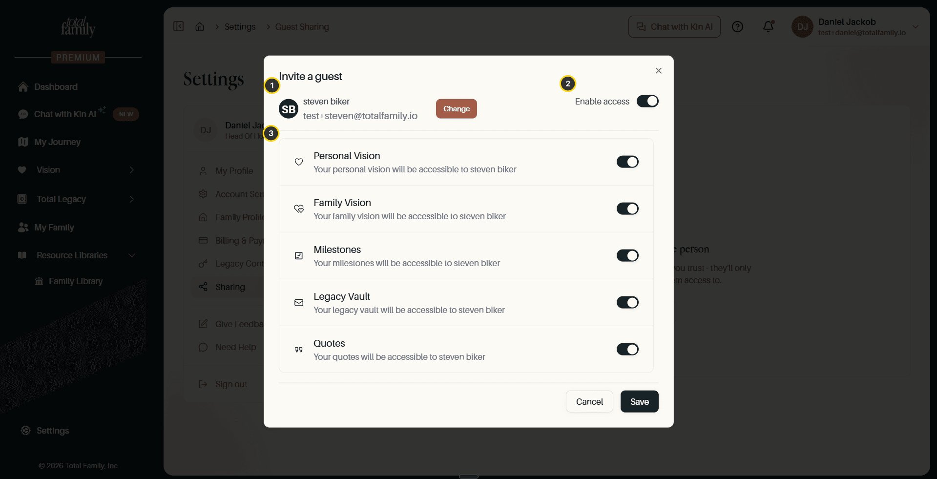 The invite dialog with a contact selected and all features enabled