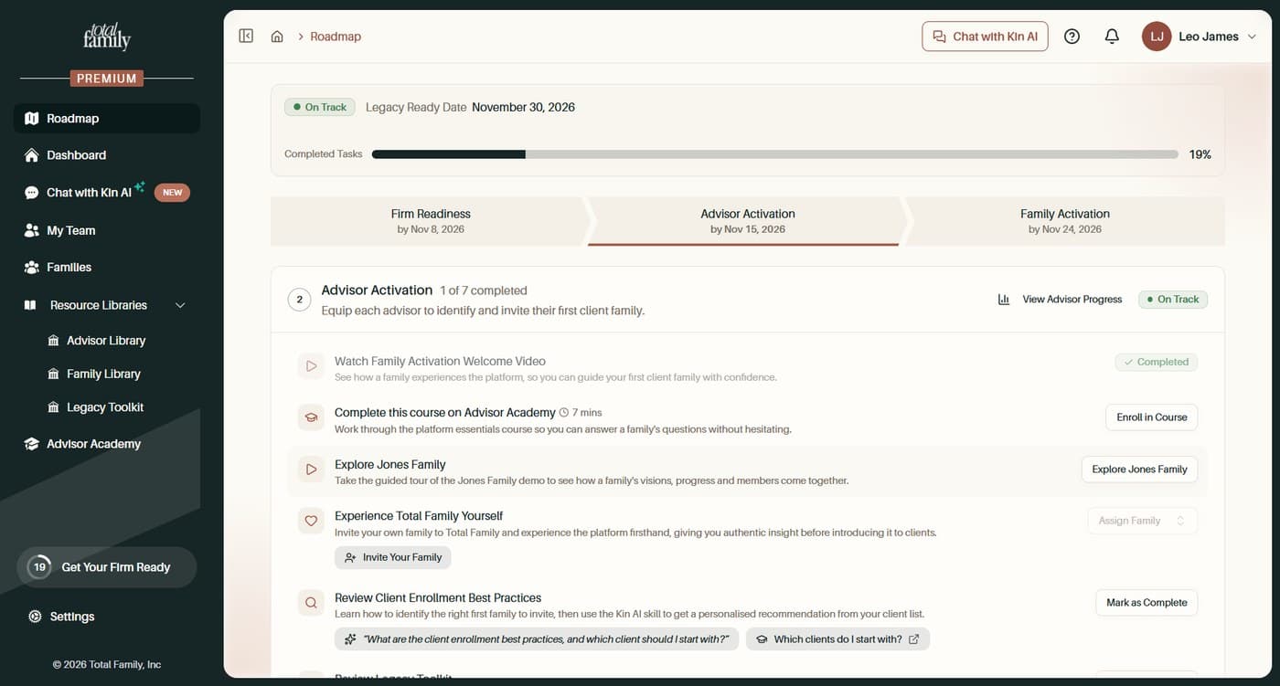 The Advisor Activation phase and its task list
