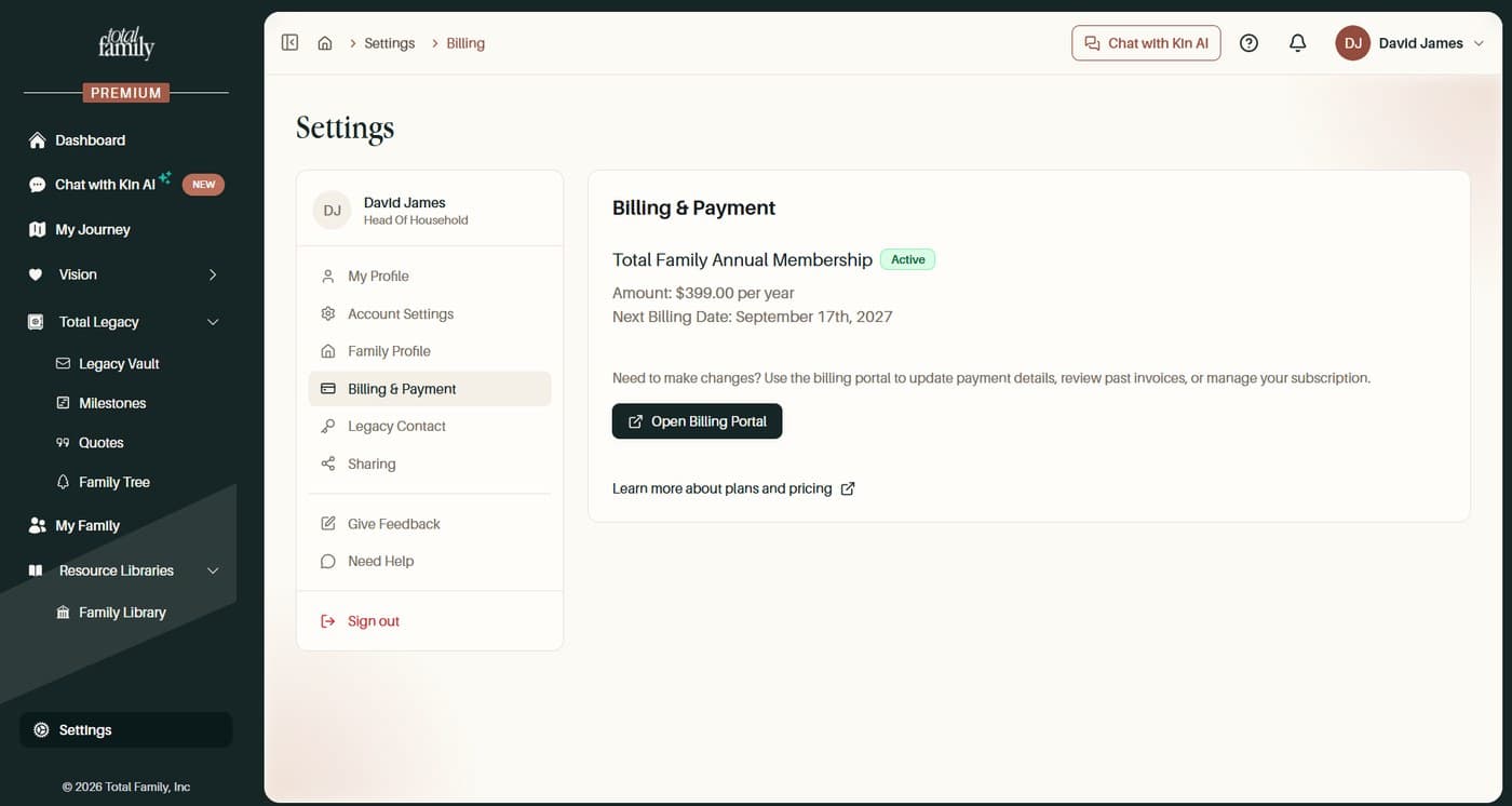 The Billing and Payment panel, with the Open Billing Portal button
