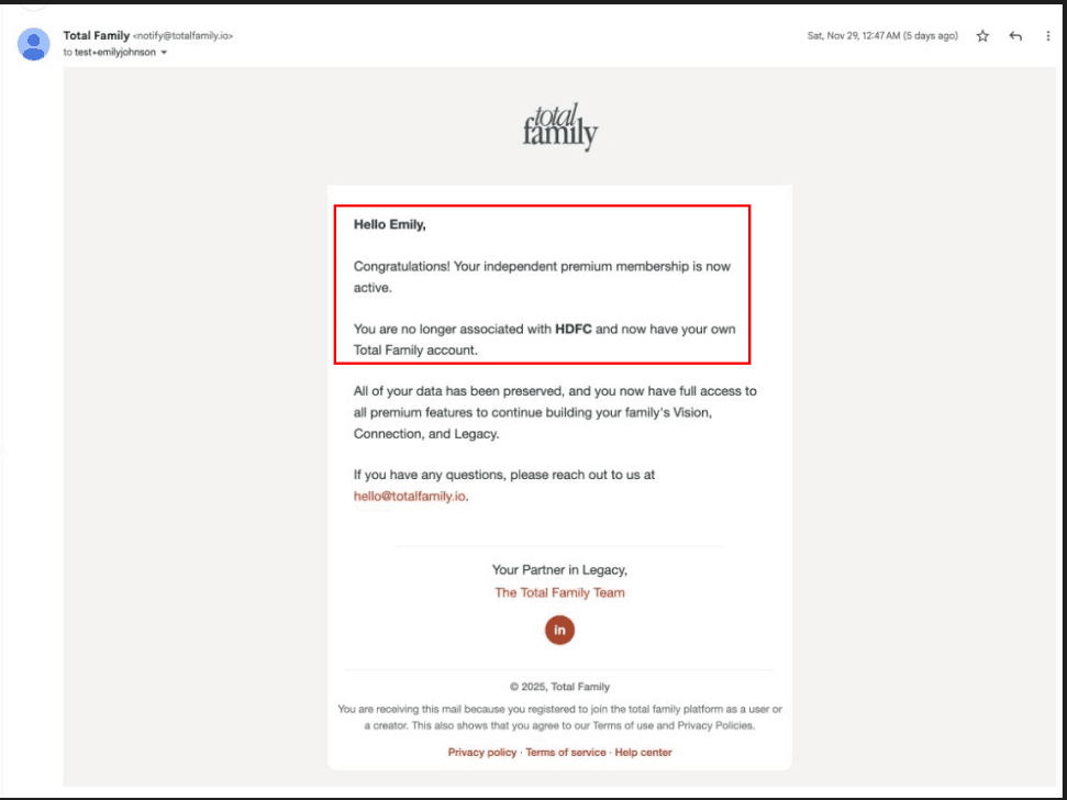 Premium Confirmation Email