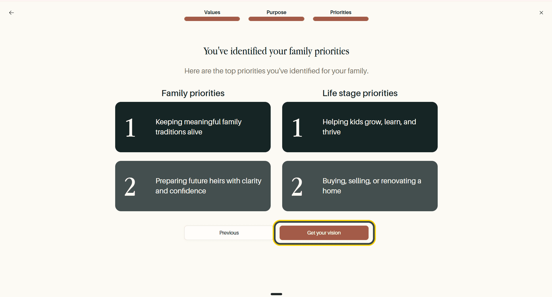 The priorities summary, with the Get your vision button highlighted