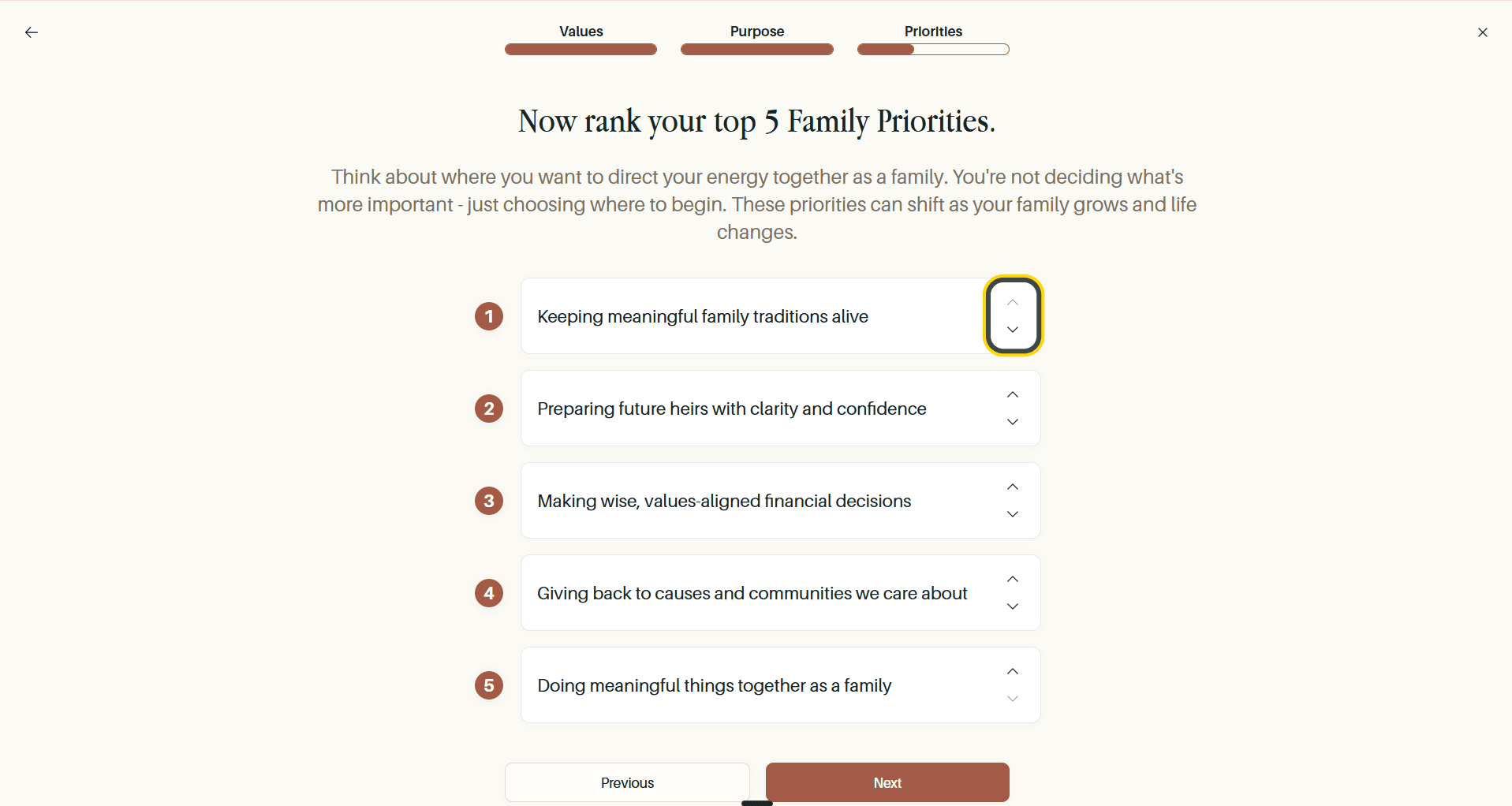 The priority ranking step, with the reorder arrows highlighted