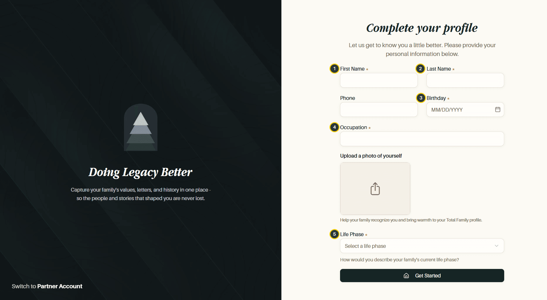 The blank profile form