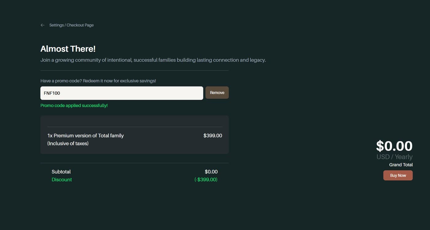A promo code applied at checkout, with the discount and grand total updated