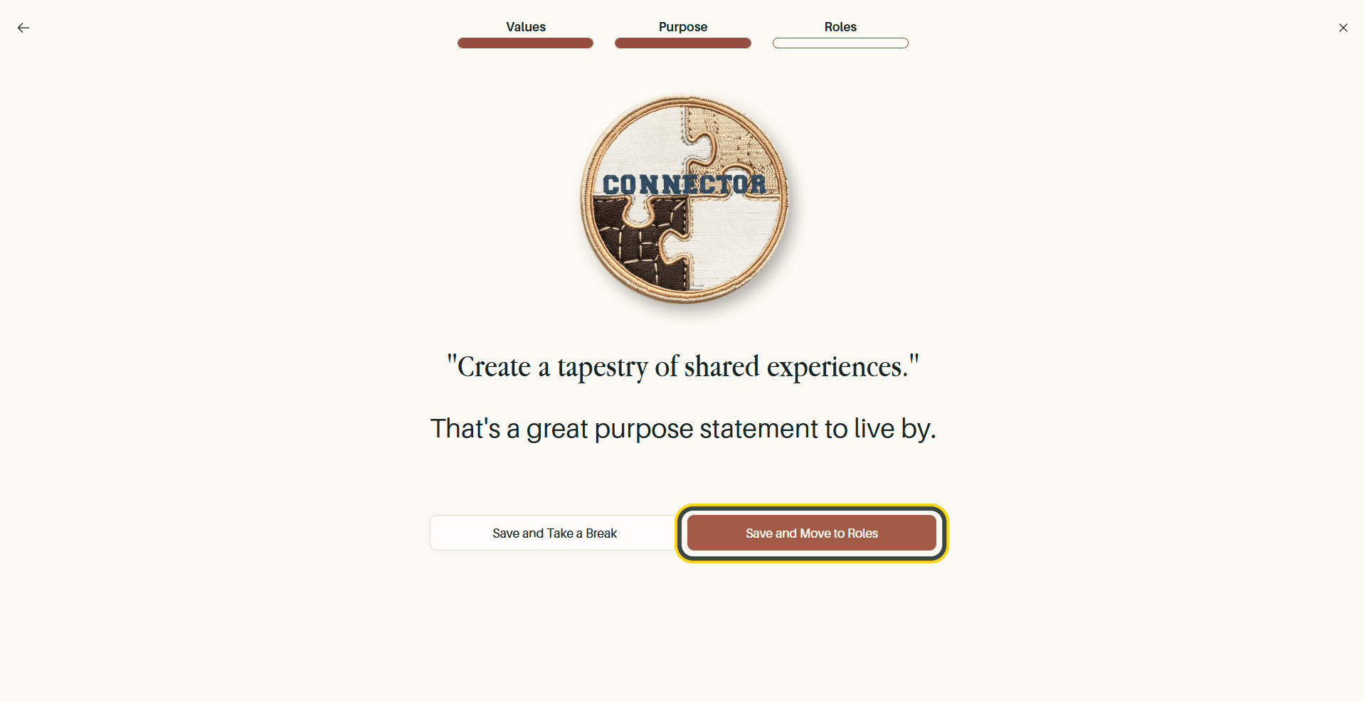 The purpose confirmation screen, with Save and Move to Roles highlighted