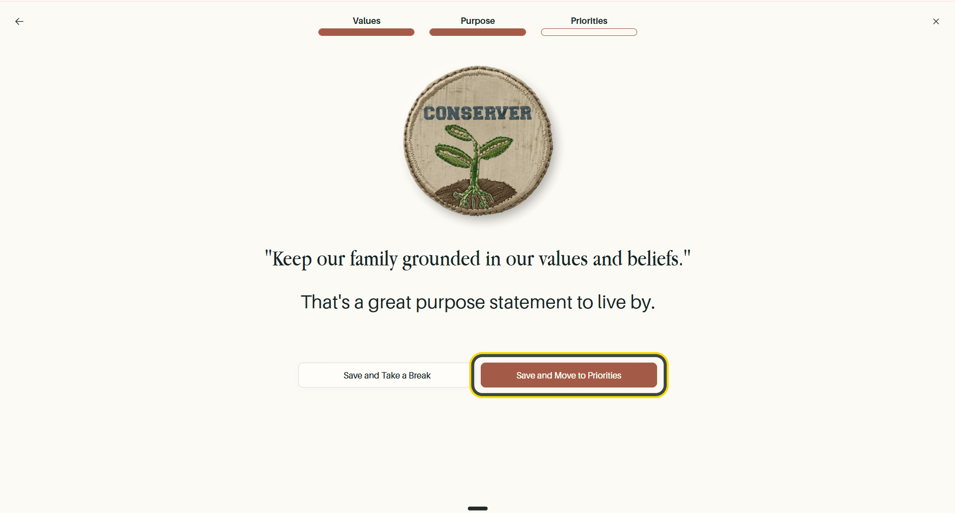 The purpose confirmation screen, with Save and Move to Priorities highlighted