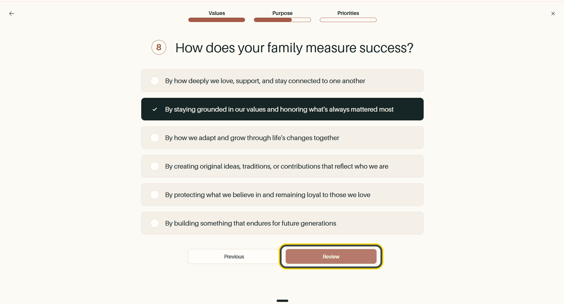 The final purpose question, with the Review button highlighted