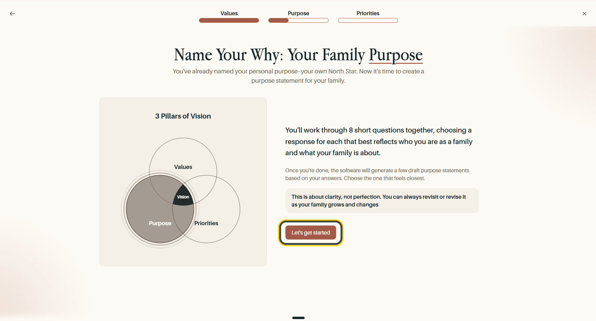 The family purpose introduction, with the Let's get started button highlighted