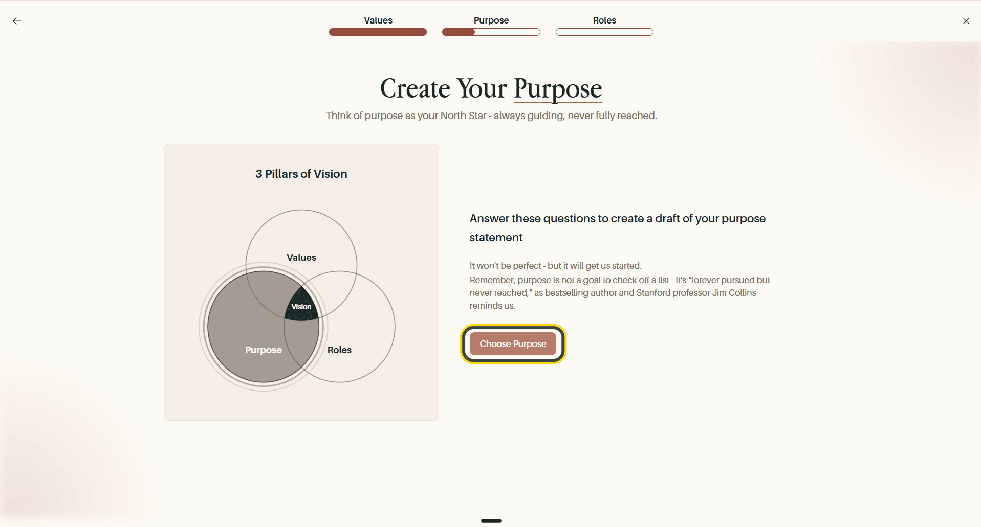 The Create Your Purpose introduction, with the Choose Purpose button highlighted