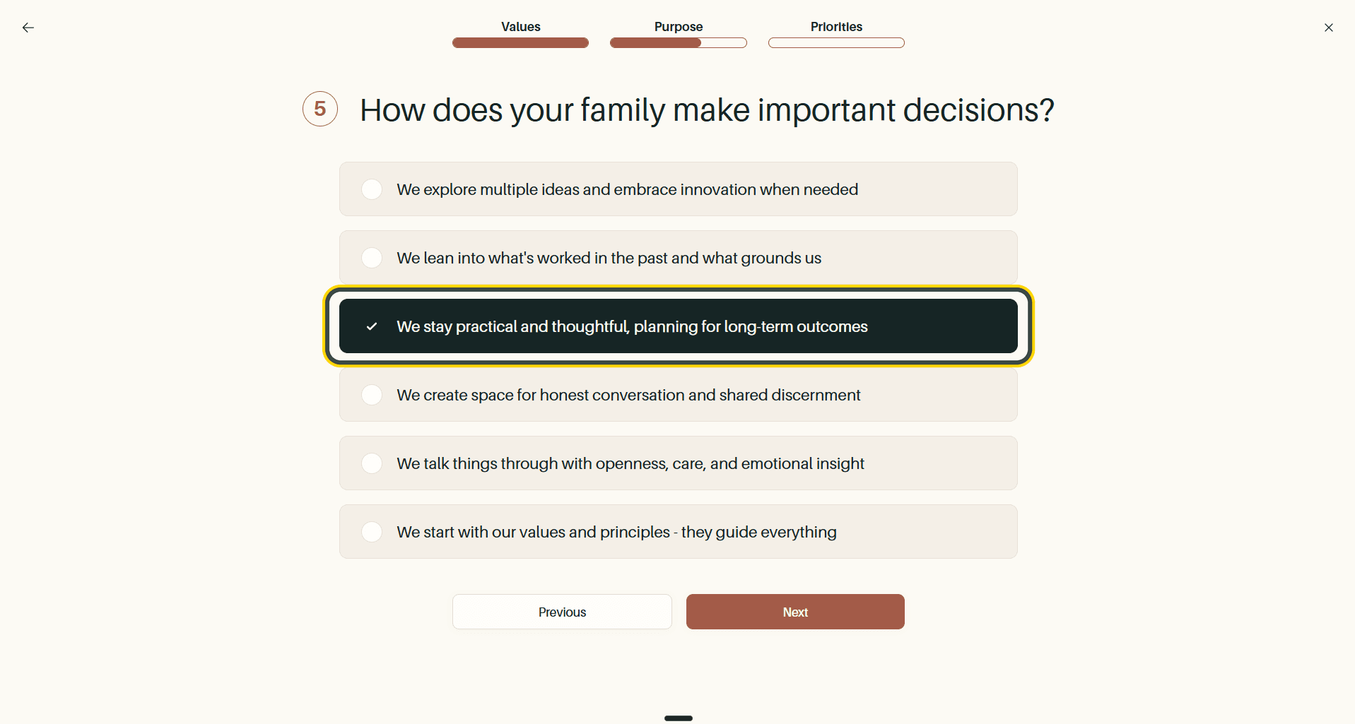 A family purpose question, with the selected answer highlighted