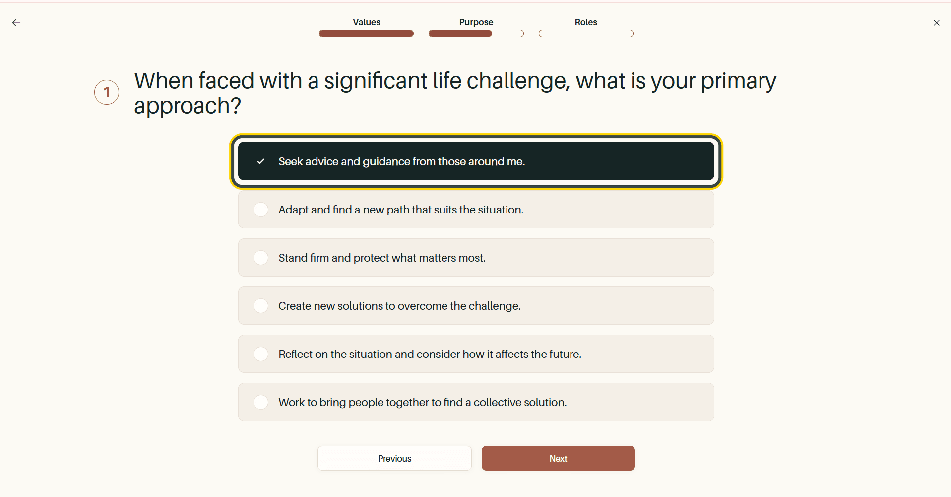 The first purpose question, with the selected answer highlighted