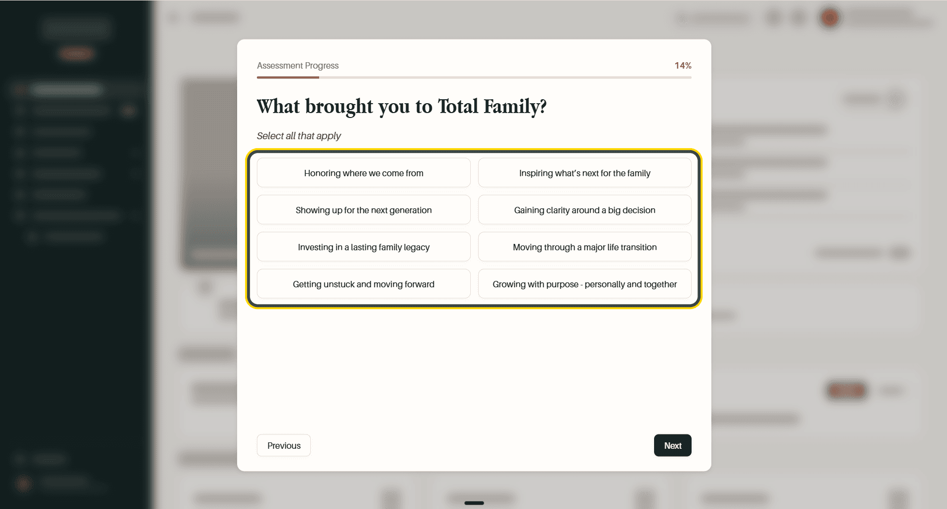 The first assessment question, with all eight options highlighted