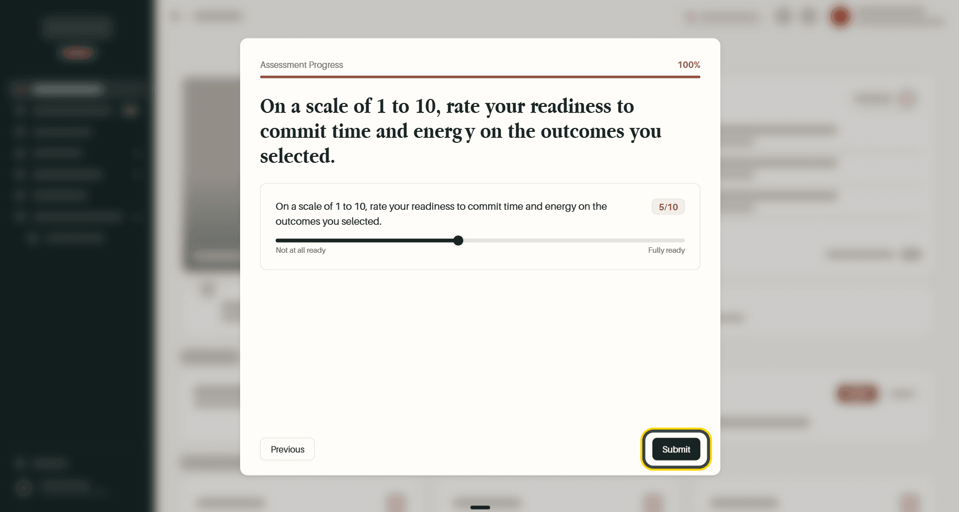 The final question at 100% progress, with the Submit button highlighted