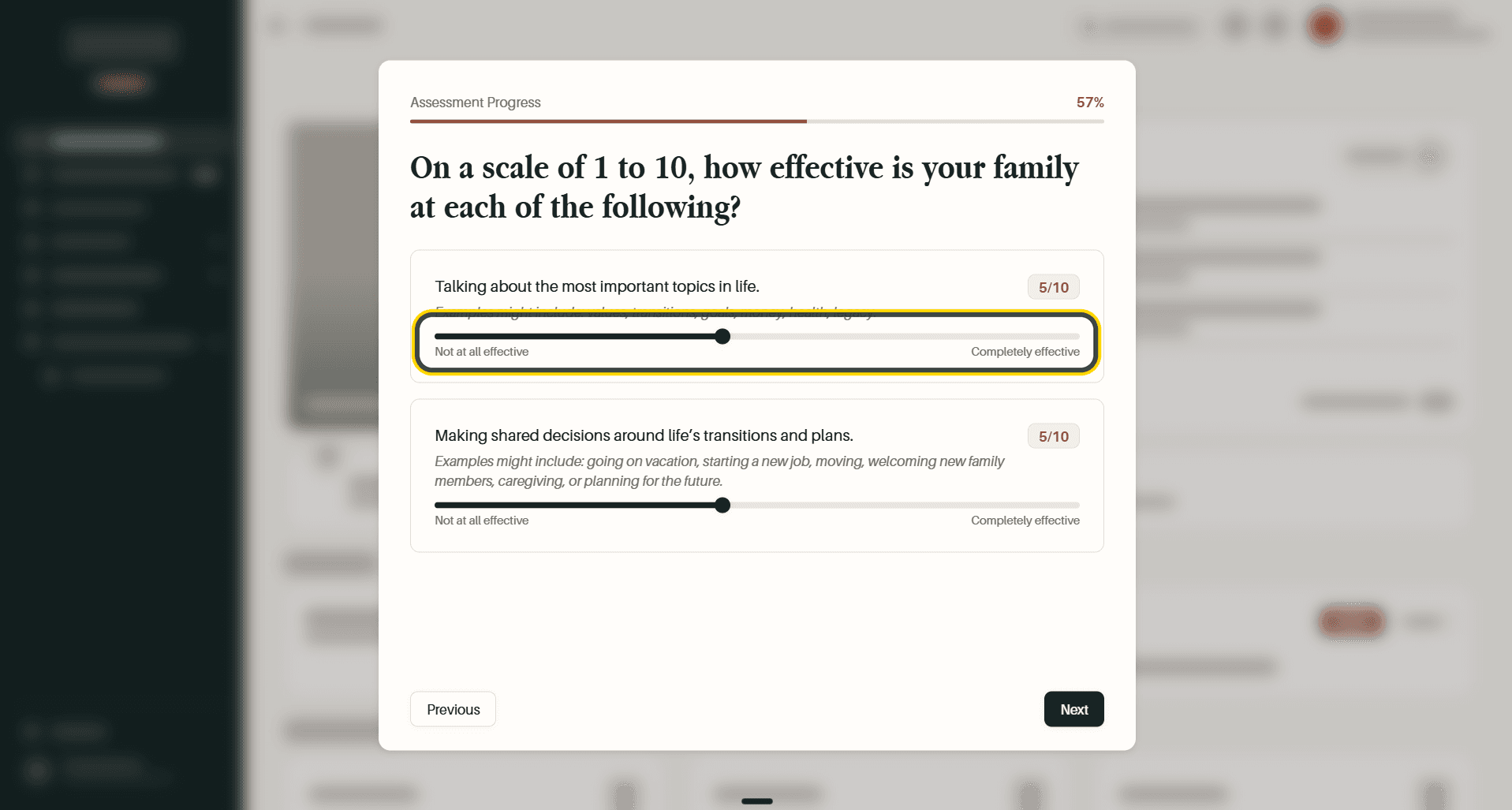 A sliding-scale question, with the first slider highlighted
