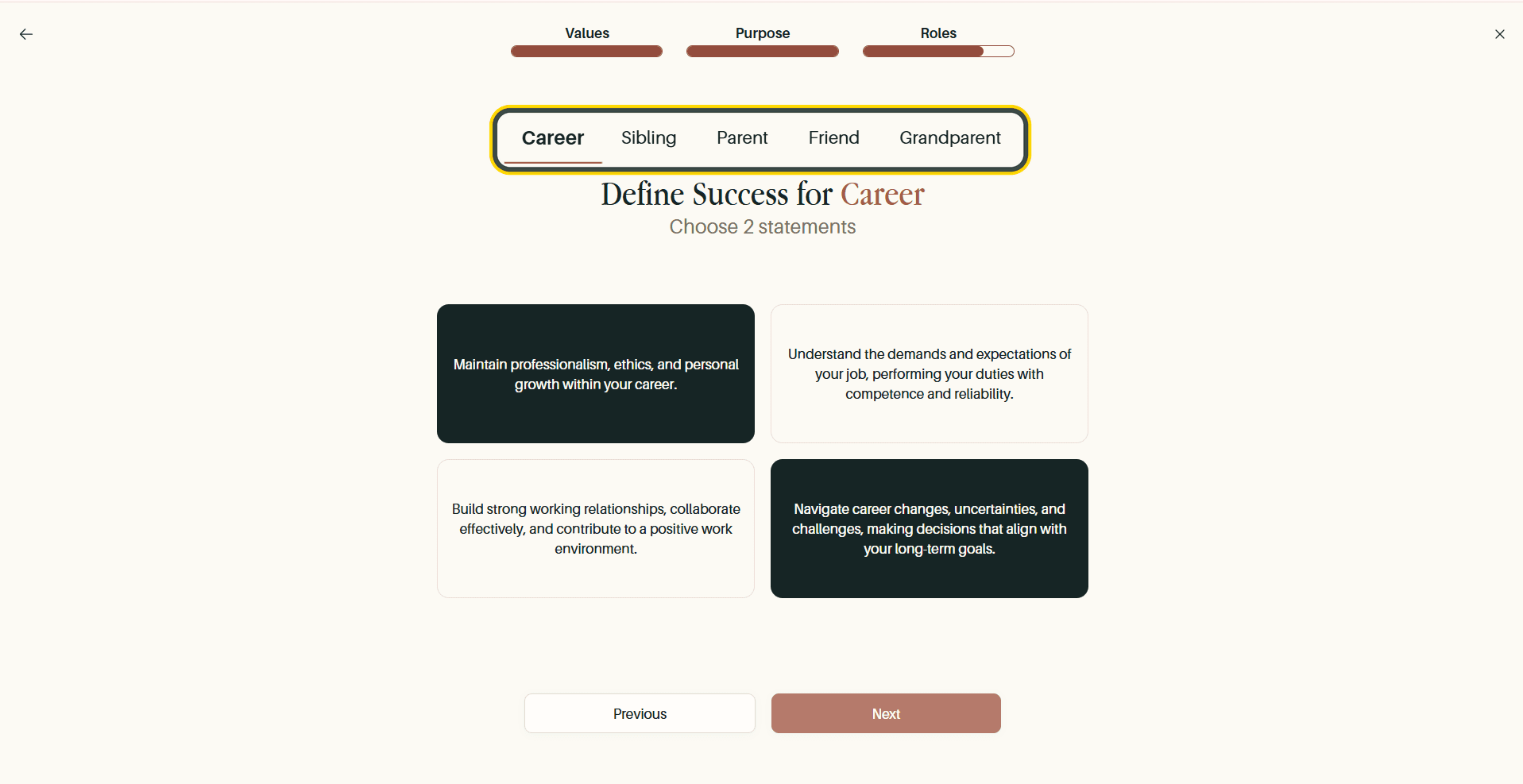 Defining success for a role, with the role tabs highlighted