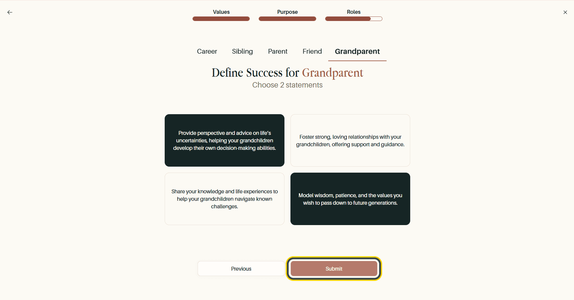 The final role, with the Submit button highlighted