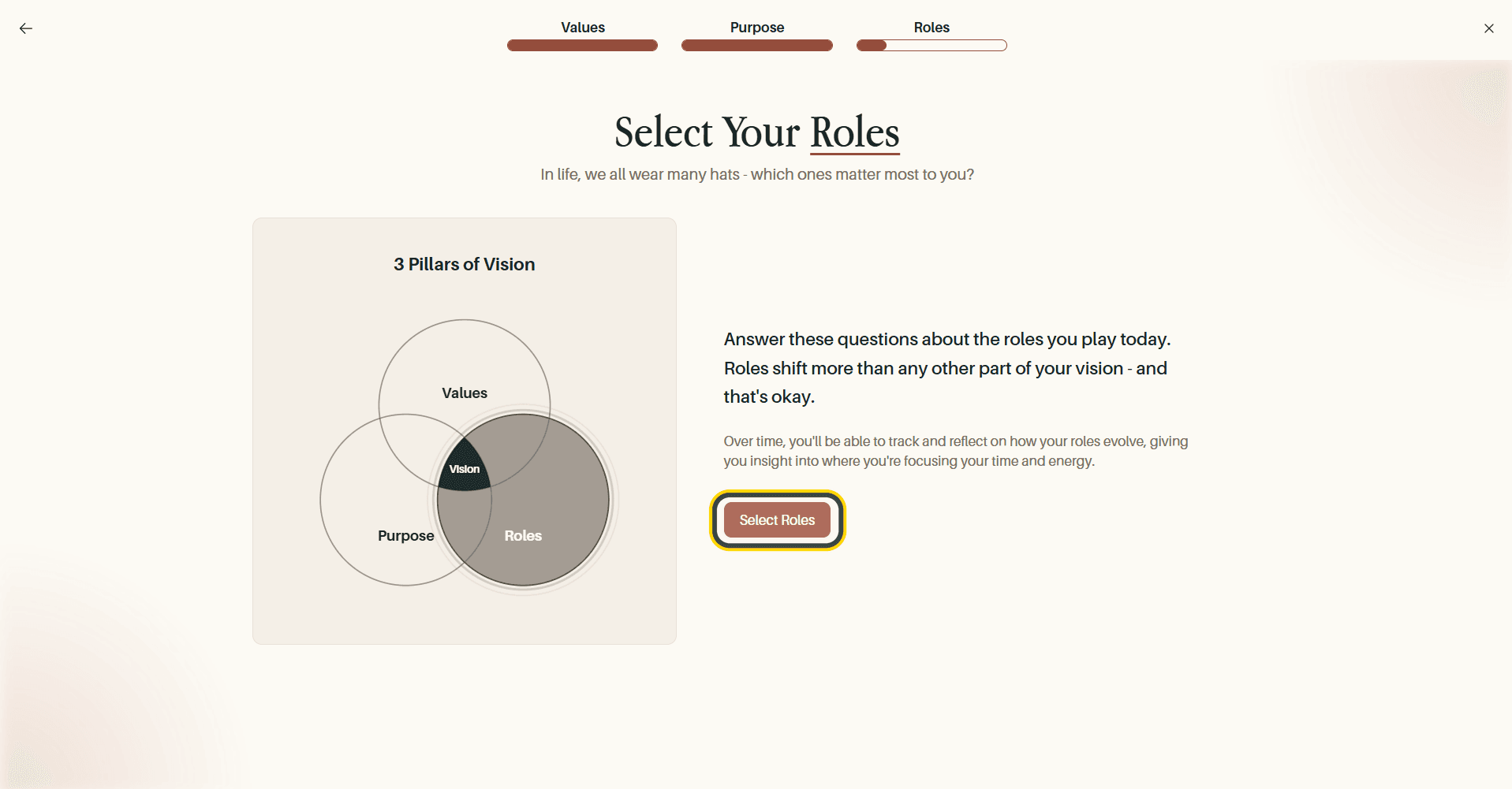 The Select Your Roles introduction, with the Select Roles button highlighted