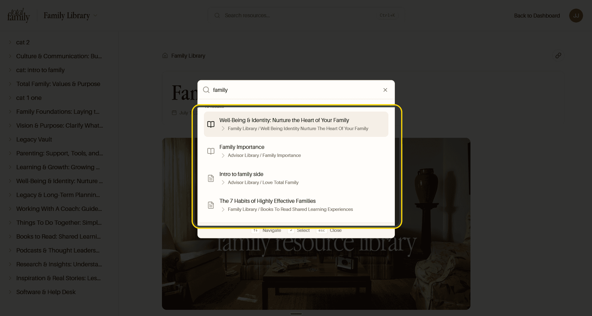 Search results, with the result list highlighted