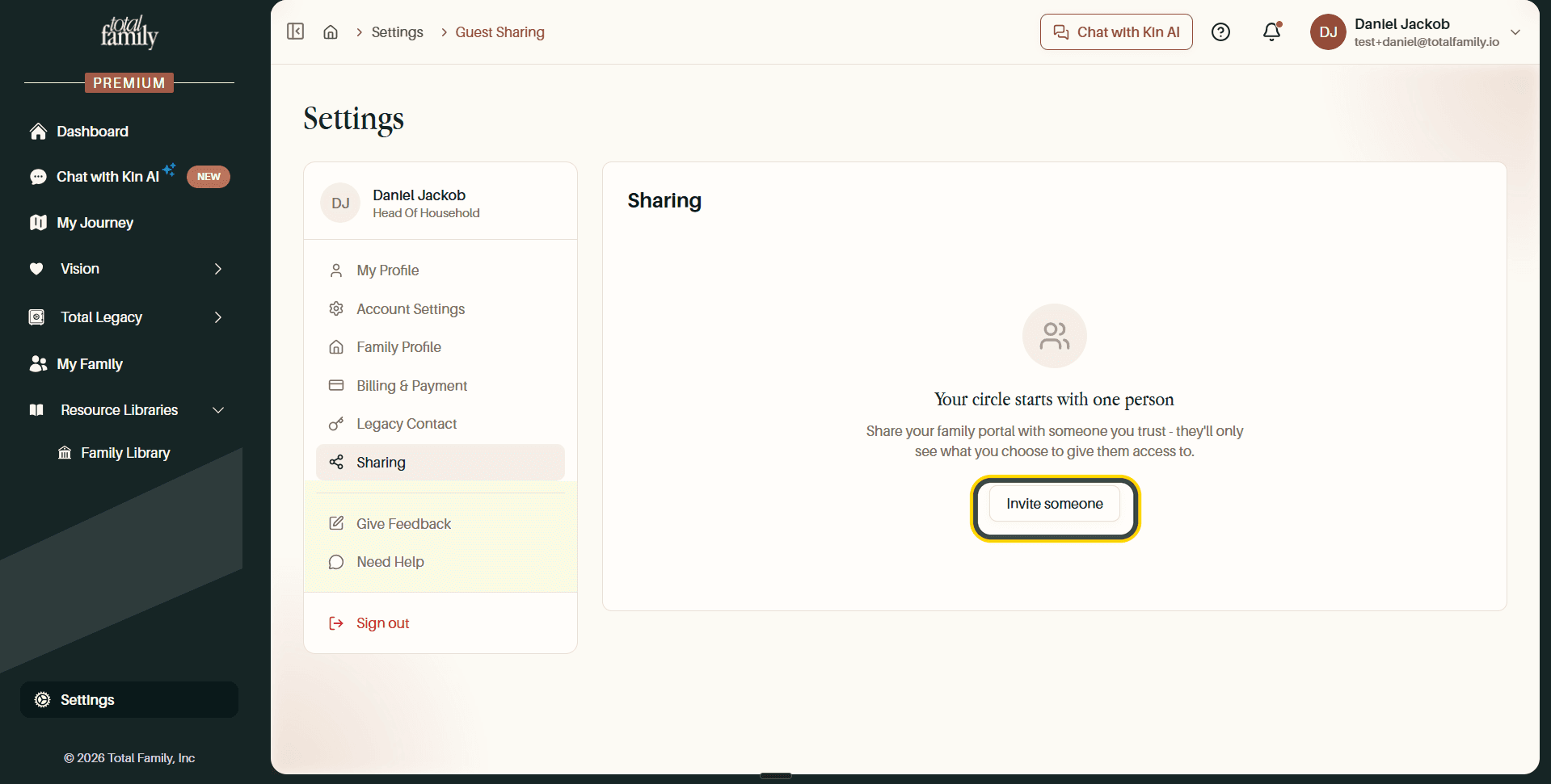 The empty Sharing page, with the Invite someone button highlighted