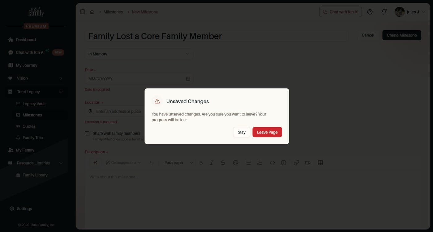The unsaved changes warning on a part-written milestone