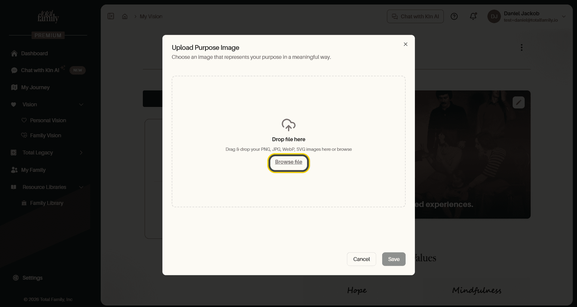 The upload dialog, with Browse file highlighted