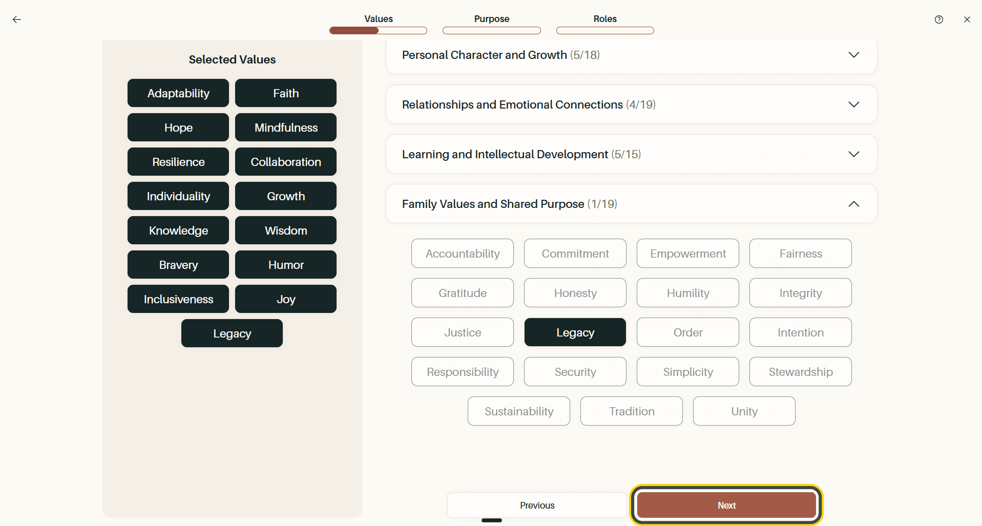 The values picker at 15 of 15, with the Next button highlighted
