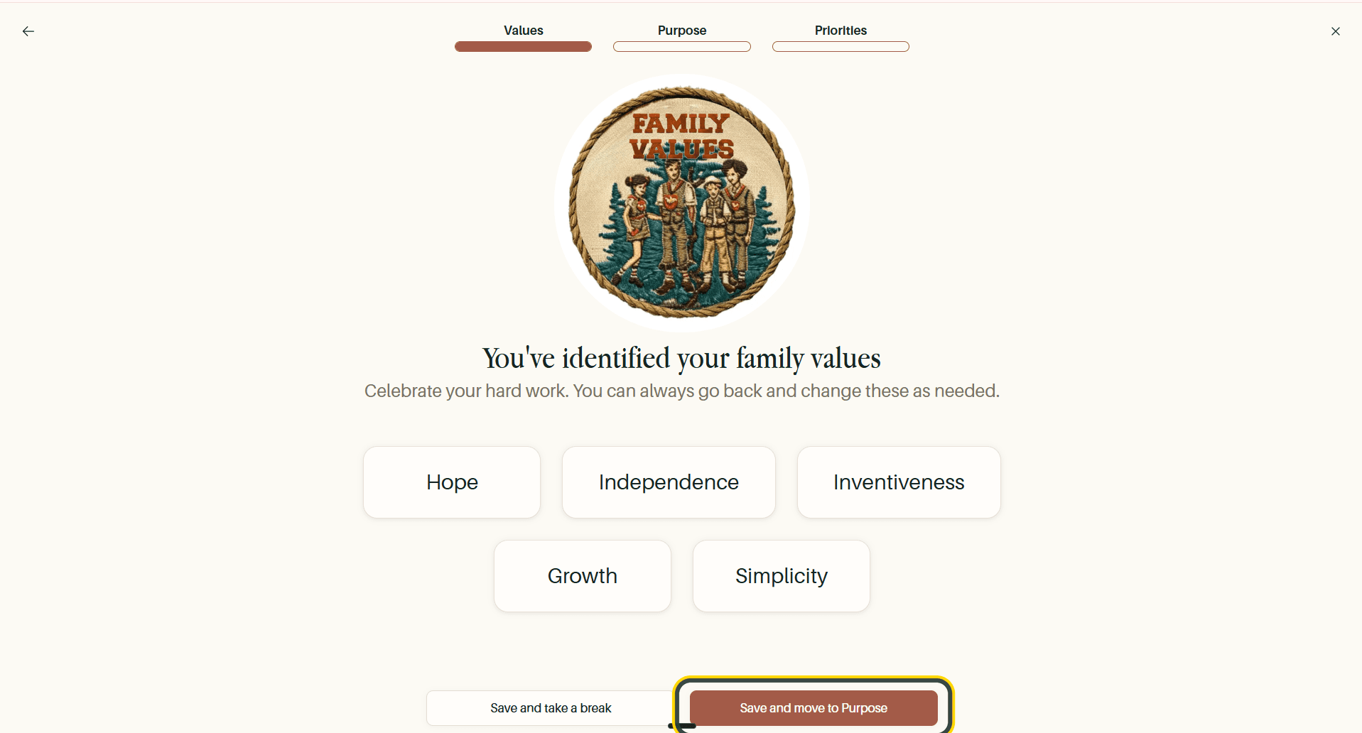 The family values completion screen, with Save and move to Purpose highlighted