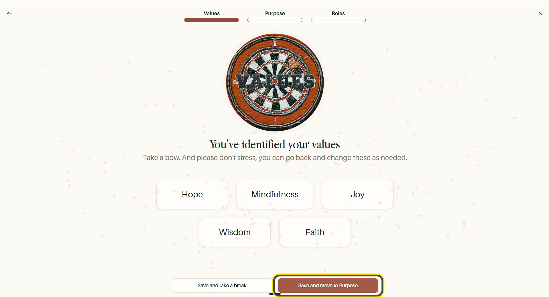 The values completion screen, with Save and move to Purpose highlighted