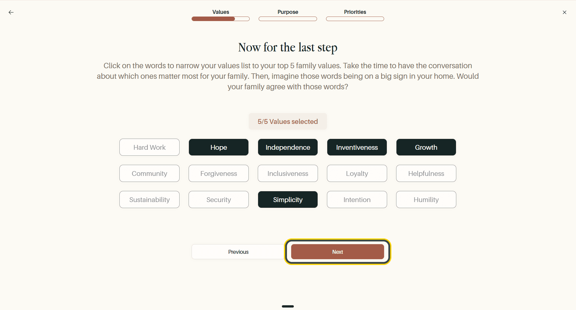 The final family values step, at 5 of 5, with the Next button highlighted