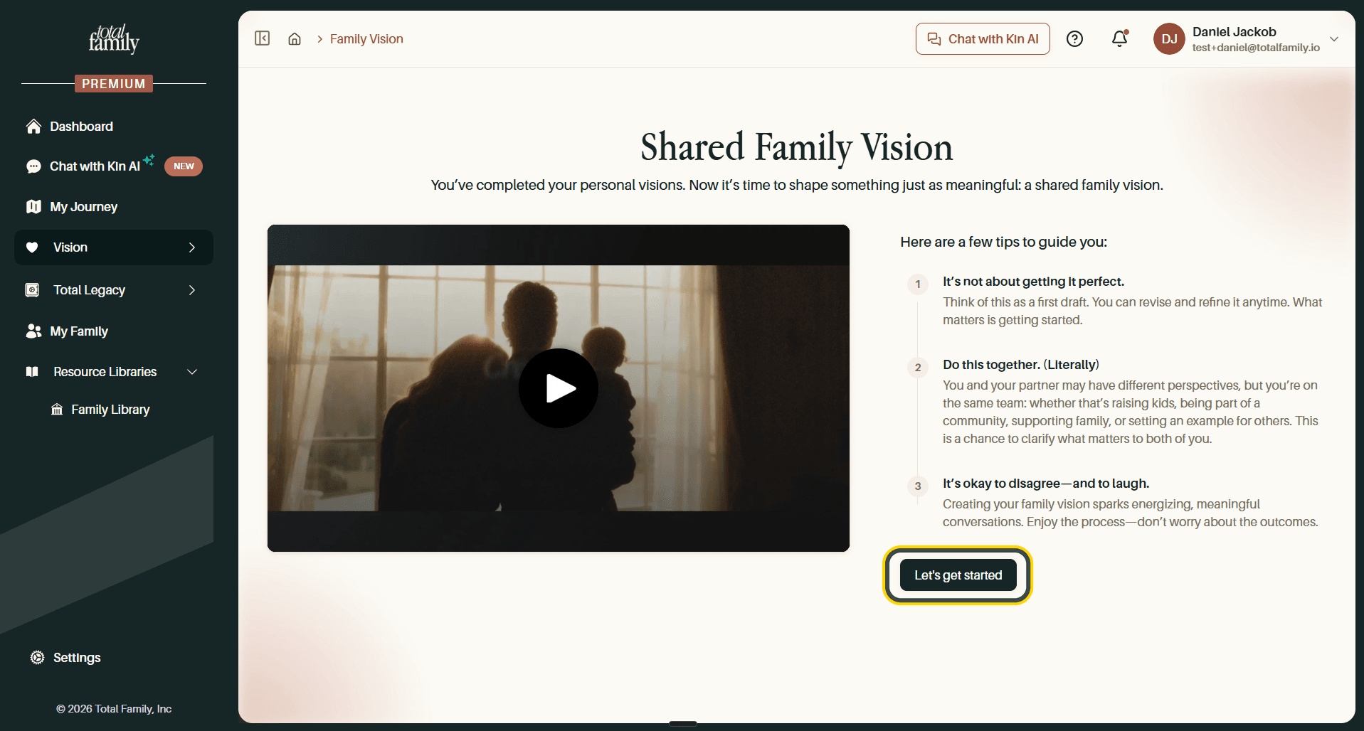 The Shared Family Vision start screen, with the Let's get started button highlighted
